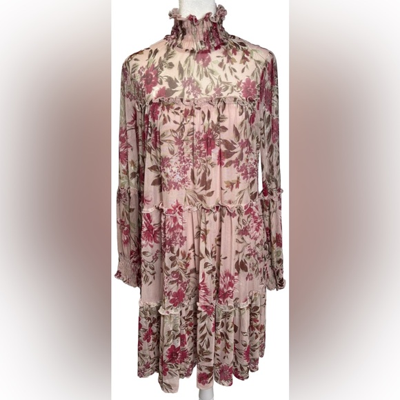 EnFocus Studio 6 Pink Floral Semi/sheer High Neck Ruffle Detail Dress - Picture 1 of 9